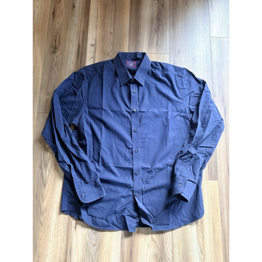 Untuckit Dress Short Men's Large Cotton Navy Blue Long Sleeve Button Up